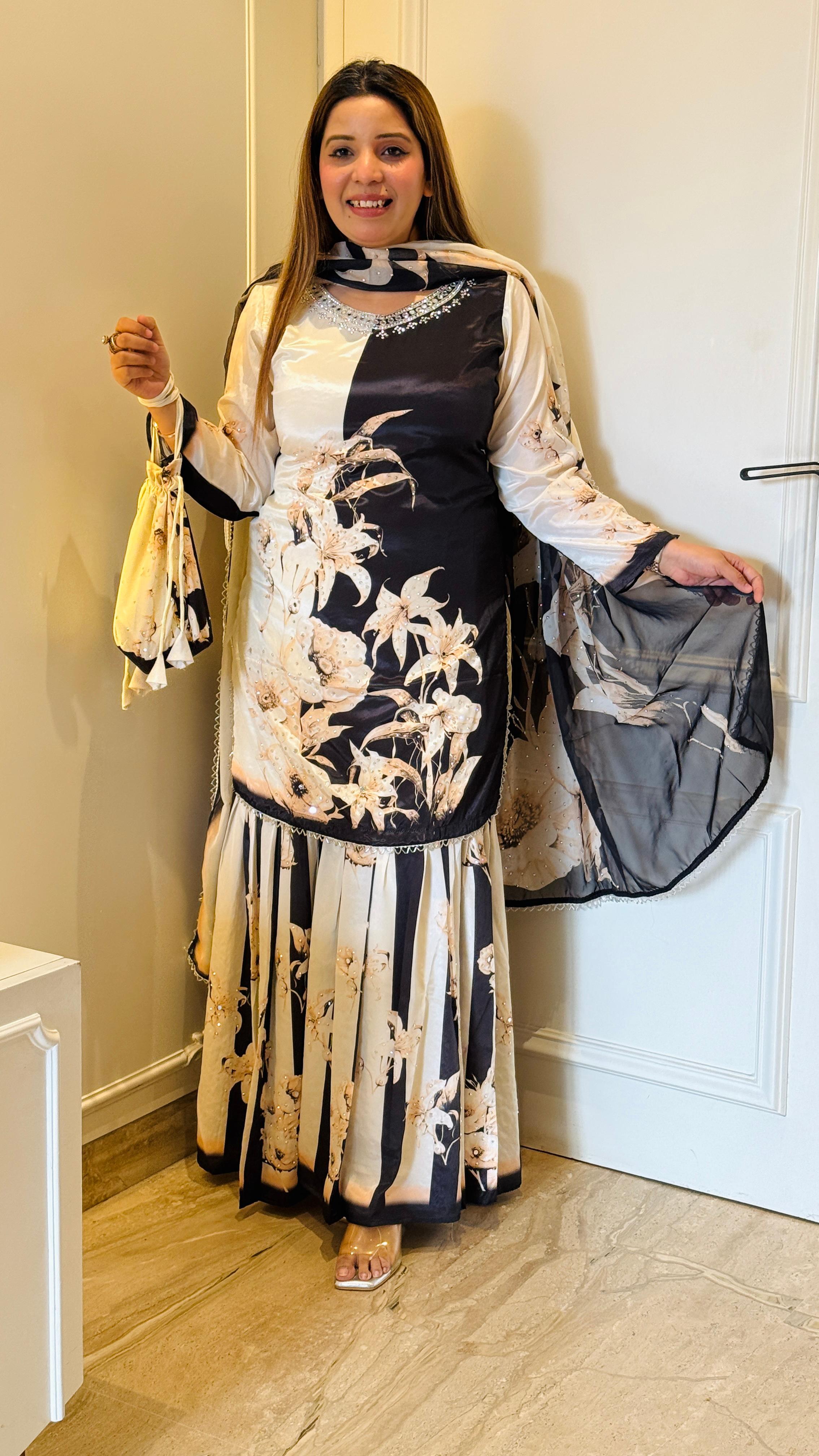 Pink & White | Black & Cream Luxe Crepe Sharara Suit